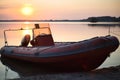 German live guard boat at the lake groÃÅ¸er ploner see (name of the lake) in sunset